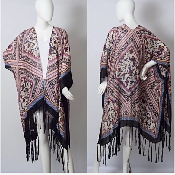 Boho Beautiful Fringe Kimono Wrap Armholes Swim Coverup OSFM 0-18 Tassel - Picture 5 of 6